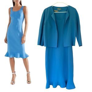 Michael Kors Collection Ruffle Hem Sheath Dress Jacket Set Womens 8 10 Wool Blue